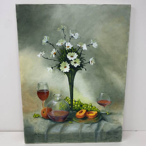 original painting still life white flowers wine glass fruit Bo Tusa signed 16x12
